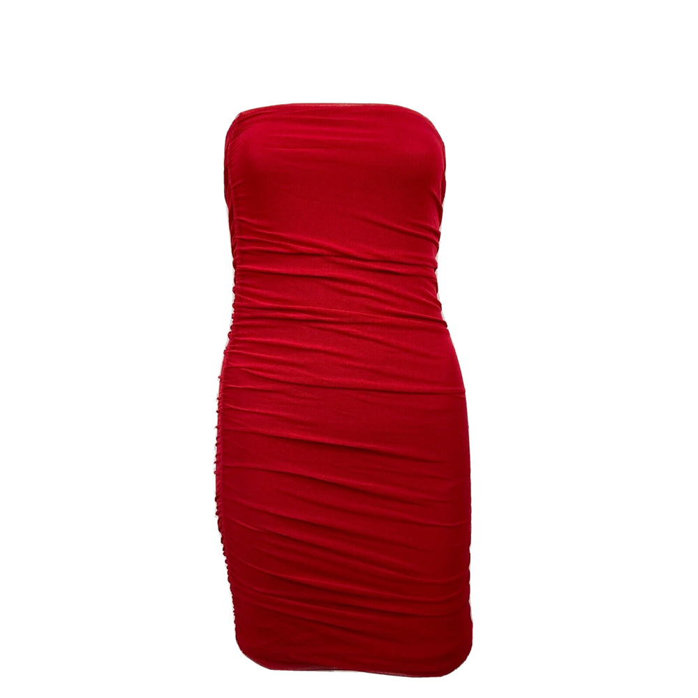 NWT Fuzzi Dress Womens Sz XS Red Stretch Ruched‎ Strapless Bodycon